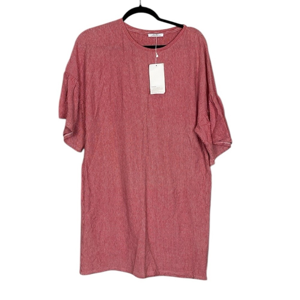 Zara ruffle sleeve red and white striped tshirt dress - Picture 1 of 5